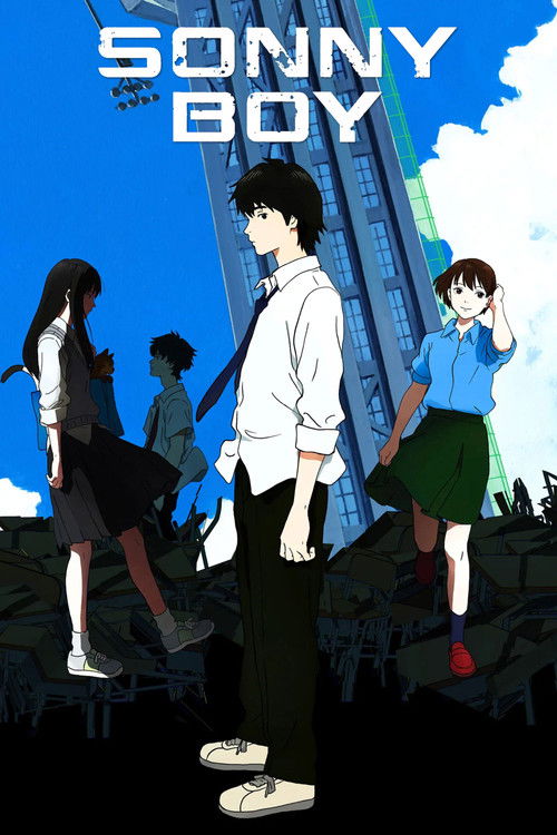 This anime poster features a young man in a white shirt and black pants standing confidently, surrounded by four diverse characters in a vibrant blue sky. The scene exudes a cheerful and energetic mood, with bright colors and dynamic poses capturing the essence of a lively school setting.