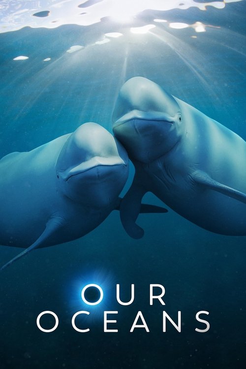 The poster captures a serene underwater scene with two dolphins swimming gracefully, their sleek bodies glinting in the sunlight filtering through the water. The deep blue hues evoke a sense of tranquility and wonder, while the title "Our Oceans" anchors the image with a call to explore the natur...