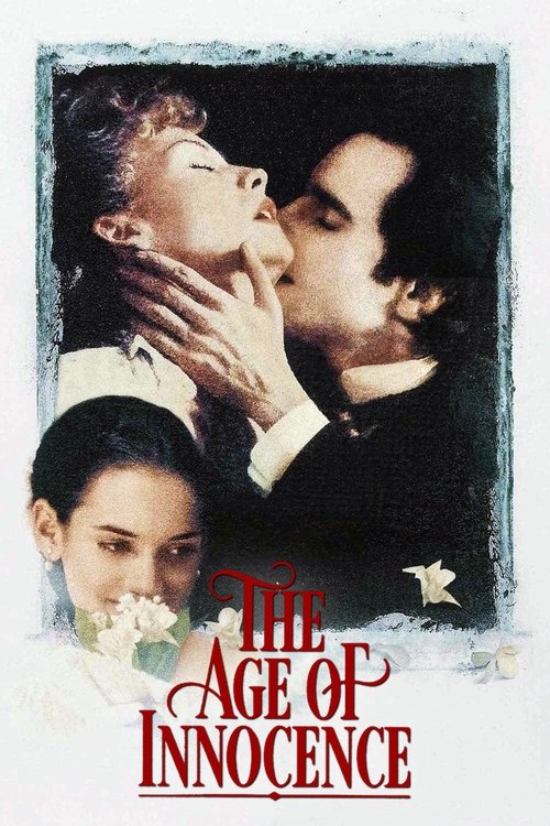 The poster features a romantic couple in a close embrace, with one woman gently holding the man's face. The warm tones of the image evoke a sense of intimacy and nostalgia, while the red text "The Age of Innocence" stands out against the soft background. The overall mood is one of timeless romanc...