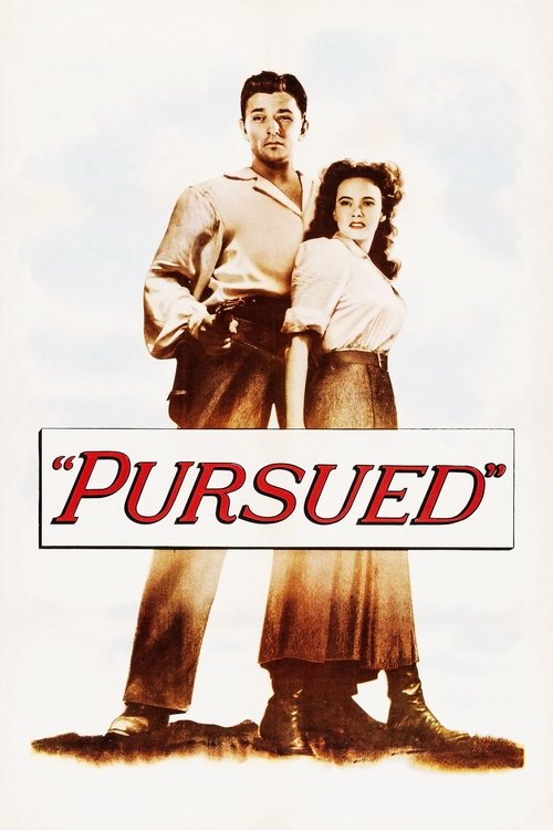 The poster features a man and woman standing against a pale sky, evoking a timeless, nostalgic atmosphere. Their warm-toned clothing and confident poses suggest a classic, perhaps slightly romantic, cinematic era. The bold red title "Pursued" anchors the composition, hinting at a dramatic narrative.