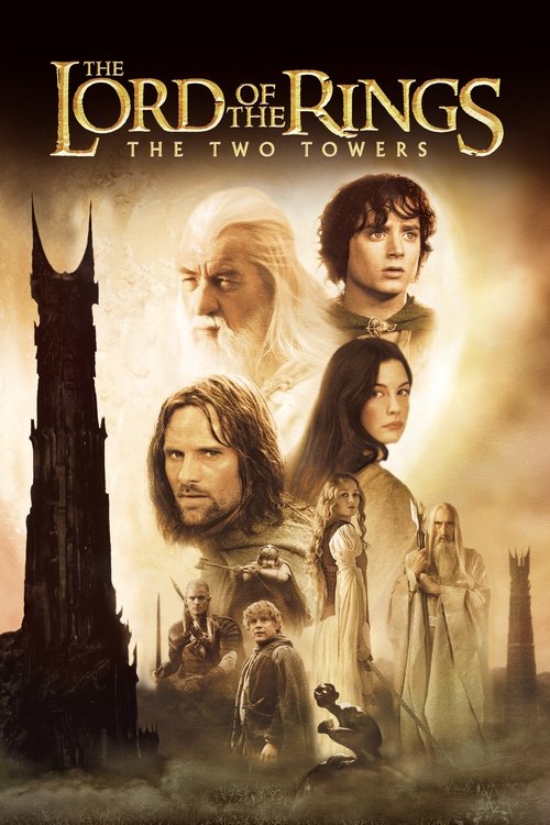 The poster features a dramatic composition with Tolkien's characters—Elves, Frodo, Sam, and Gandalf—set against a mystical backdrop of the Two Towers. The warm, golden hues evoke a sense of epic adventure and historical grandeur, while the dark silhouette of the Tower of Babel adds depth and myst...