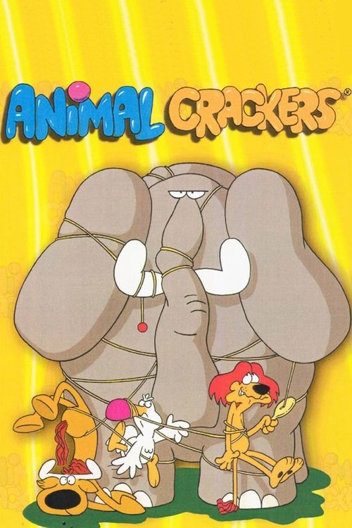 The poster features a cheerful yellow background with the title "Animal Crackers" in playful, colorful letters. An elephant stands prominently in the center, surrounded by four animated characters dressed in bright, cartoonish outfits. The mood is lighthearted and fun, capturing the essence of a ...
