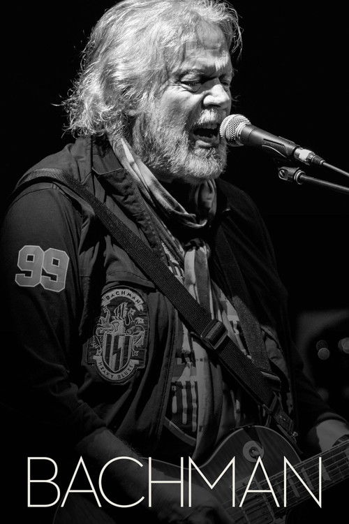 The poster features a gritty, moody black-and-white image of a musician with a beard, wearing a leather jacket with patches and the number 99. The text "BACHMAN" is prominently displayed at the bottom in bold, white letters. The overall mood is intense and dramatic, capturing the raw energy of th...