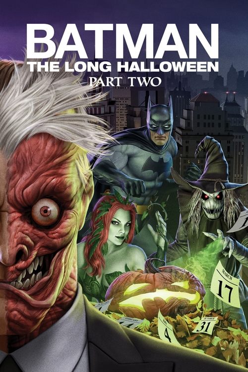 This movie poster for "Batman: The Long Halloween, Part Two" features a menacing red-faced zombie in the foreground, with Batman and other villains in the background. The dark, ominous colors and intense expressions create a suspenseful and horror-filled atmosphere.