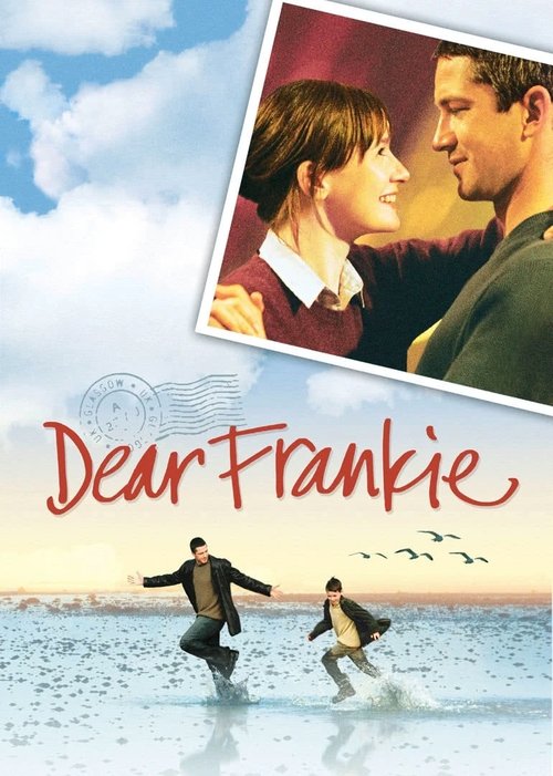 This movie poster features a romantic scene of a man and woman sharing an intimate moment, with a warm sunset backdrop. The title "Dear Frankie" is elegantly written in red script, evoking a nostalgic and heartfelt atmosphere. The overall mood is one of love and connection, set against a serene c...