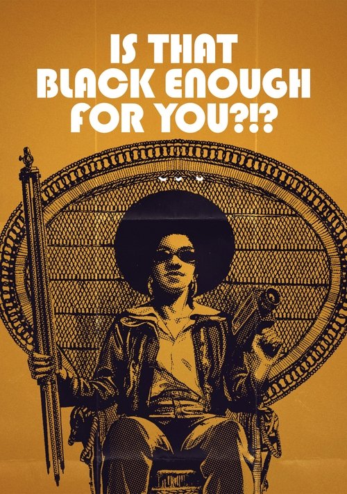 The poster features a man in a black hat and sunglasses sitting on a chair, holding a rifle and a gun. The background is a warm, golden-yellow color with a circular pattern. The text at the top reads "IS THAT BLACK ENOUGH FOR YOU?!?" in bold white letters. The overall mood is mysterious and intri...