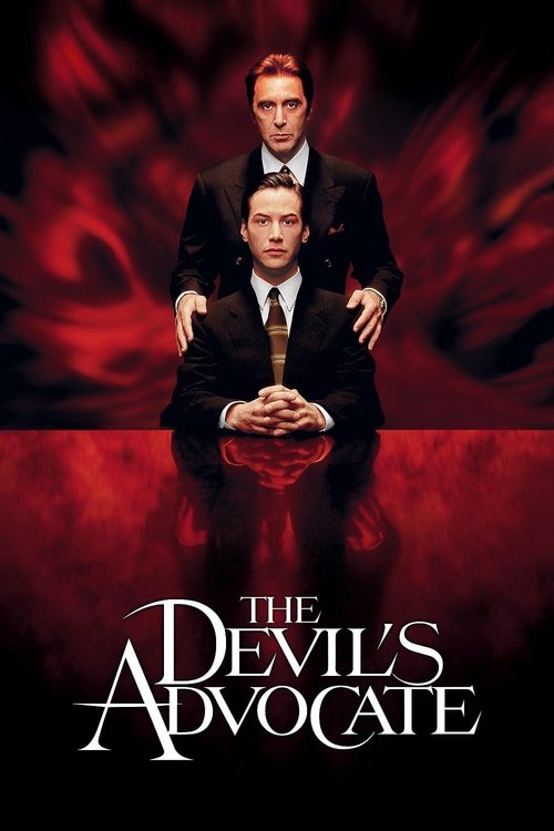 The poster features two men in formal suits against a dramatic red background, with one standing behind the other. The title "The Devil's Advocate" is prominently displayed in elegant white lettering at the bottom. The overall mood is mysterious and suspenseful, suggesting a thriller or drama.