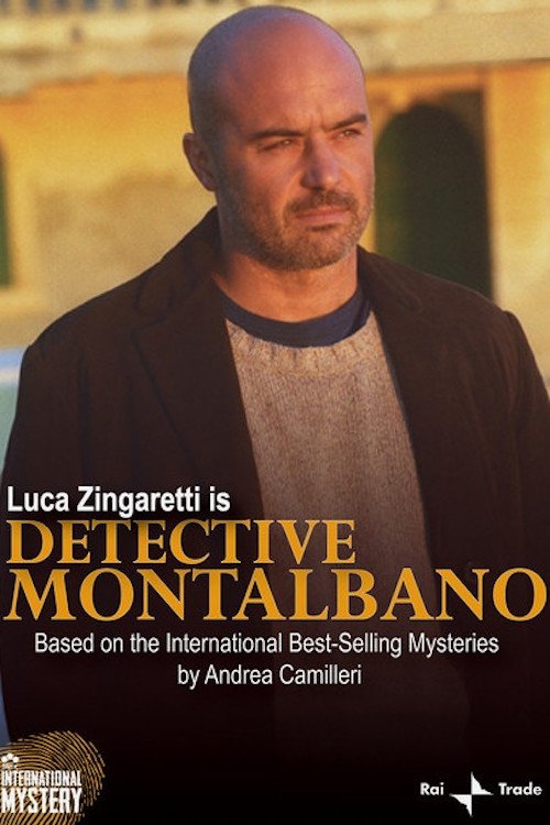 This TV show poster features a bald man with a serious expression, wearing a dark jacket over a gray shirt. The background is warm and slightly blurred, suggesting an outdoor setting. The text highlights Luca Zingaretti as Detective Montalbano, with a mysterious and suspenseful tone conveyed thro...