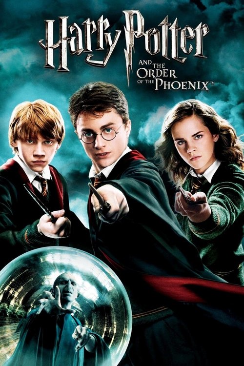 The poster features three young wizards in dark robes, pointing forward with intense expressions against a mystical, swirling green background. Harry Potter's red hair and glasses are prominent, while Hermione and Ron's dark hair and scar add depth. A glowing orb in the foreground hints at magica...