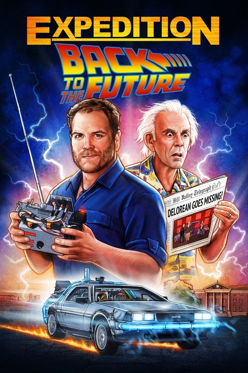 The poster features two men in the foreground, one holding a remote control and the other holding a magazine, set against a dramatic backdrop of lightning and a futuristic car. The vibrant colors and dynamic composition evoke a sense of adventure and excitement, capturing the essence of the show'...