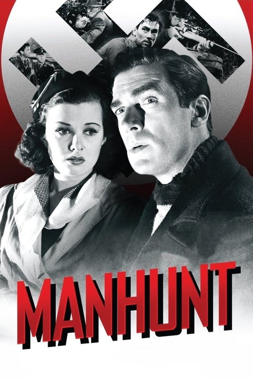 The poster features a dramatic black-and-white image of a man and woman in a tense, noir-style setting. The bold red title "MANHUNT" dominates the bottom, while a stylized red circle with a cross in the background adds to the gritty atmosphere. The mood is suspenseful and cinematic, capturing the...