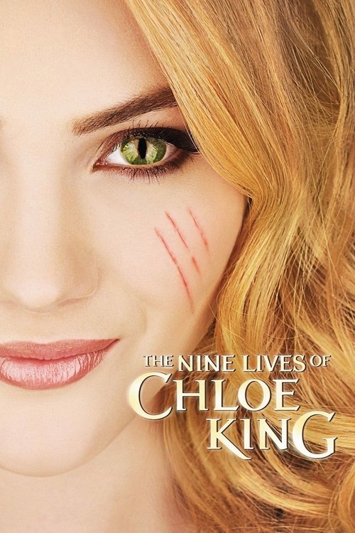 The poster features a close-up of Chloe King with striking green eyes and vibrant red makeup, exuding confidence and mystery. Her blonde hair frames her face, and the title "The Nine Lives of Chloe King" is elegantly displayed in gold lettering. The overall composition conveys a sense of allure a...