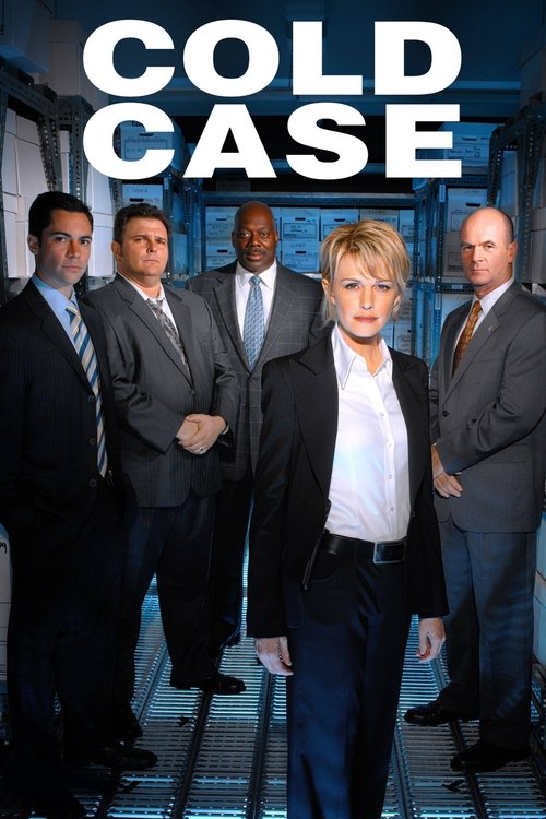 The poster features six men in suits, with the title "COLD CASE" prominently displayed in bold white letters. The central figure stands confidently, while others stand behind him, creating a serious and professional atmosphere. The muted color palette and formal attire convey a sense of mystery a...