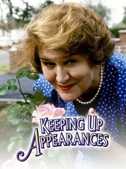 The poster features a glamorous woman with curly blonde hair and a pearl necklace, exuding elegance against a softly blurred outdoor backdrop. The title "Keeping Up Appearances" is prominently displayed in elegant purple script, hinting at the show's focus on maintaining social appearances. The o...