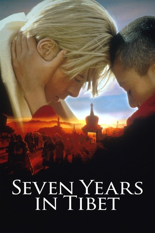 The poster features a tender moment between two people, one with blonde hair and the other with dark hair, set against a warm sunset. The title "Seven Years in Tibet" is prominently displayed at the bottom. The overall mood is romantic and reflective, capturing the essence of a significant journe...