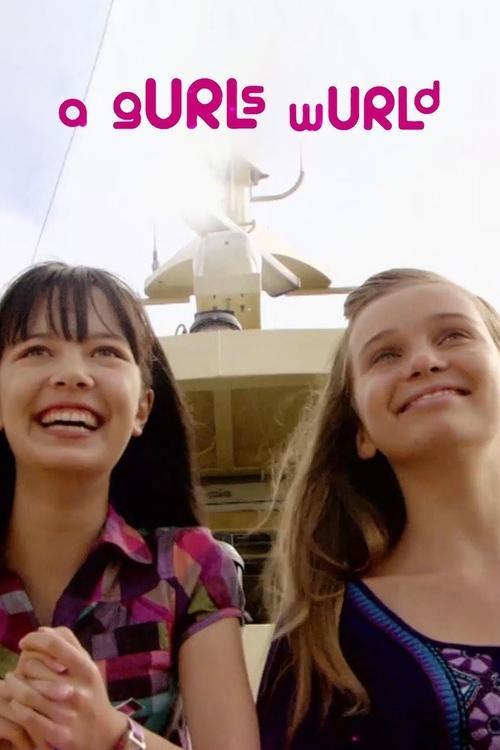 Two joyful girls with colorful patterns smile against a bright sky, exuding happiness and energy. The playful title "A gURLs wURLd" adds a whimsical touch.