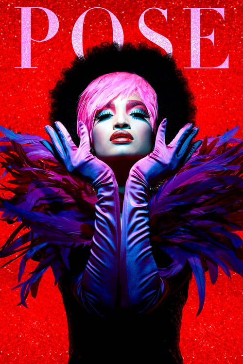 The poster features a striking figure with vibrant pink hair and dramatic makeup against a bold red background. The character wears an elaborate outfit with flowing purple feathers, creating a mysterious and theatrical atmosphere. The word "POSE" is prominently displayed at the top, emphasizing t...