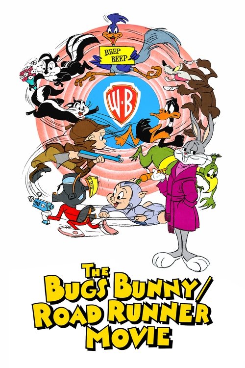 The poster features a chaotic scene with Bugs Bunny, a woman in a pink dress, and various characters like Bugs Bunny, a woman in a pink dress, and a woman in a pink dress. The colors are vibrant, with bright yellows, reds, and blues. The mood is energetic and humorous.