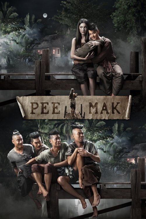 The poster features a mysterious, dark forest scene with a woman and man embracing on a wooden bridge. Below, four men sit casually on the same bridge, looking out at the eerie surroundings. The muted greens and browns of the forest contrast with the warm tones of the characters' clothing. The mo...