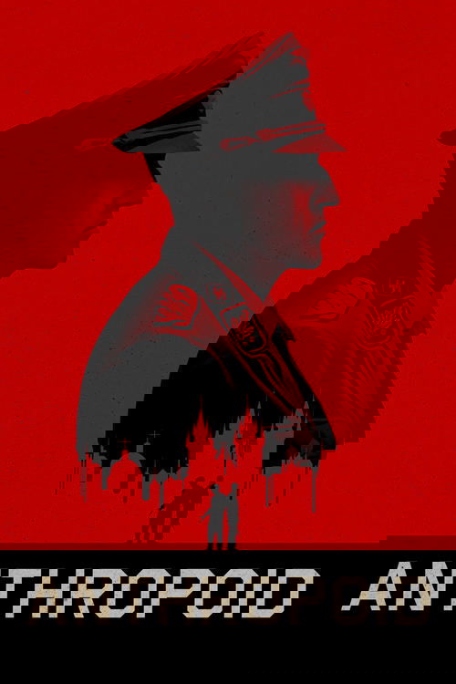 The poster features a dark silhouette of a man in a police uniform against a vivid red background, with blood dripping down his shoulders. Below, a small figure stands alone, emphasizing the horror of the scene. The word "ANTHROPOID" in bold white letters at the bottom reinforces the ominous theme.