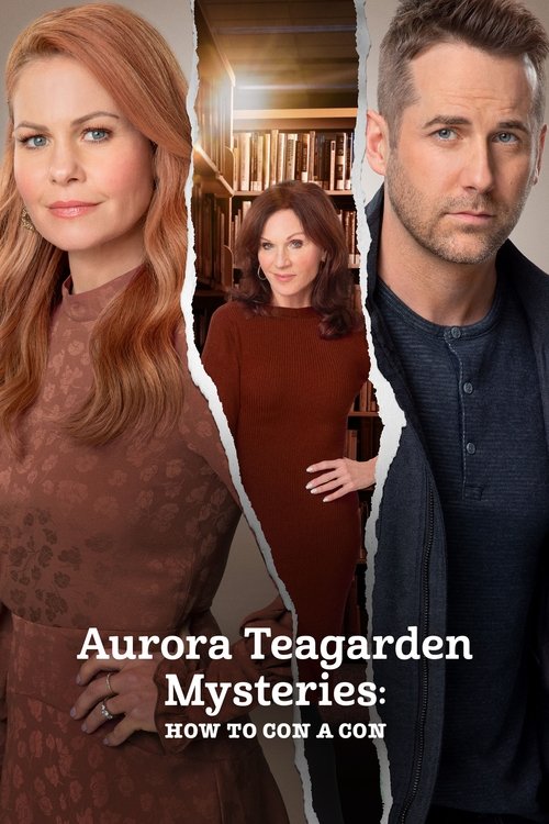 The poster features three characters against a warm, cozy backdrop. Aurora Teagarden dominates the left side with her expressive face and reddish-brown hair. In the center, a woman in a red dress stands with a confident pose. On the right, a man with short brown hair and a beard looks directly at...