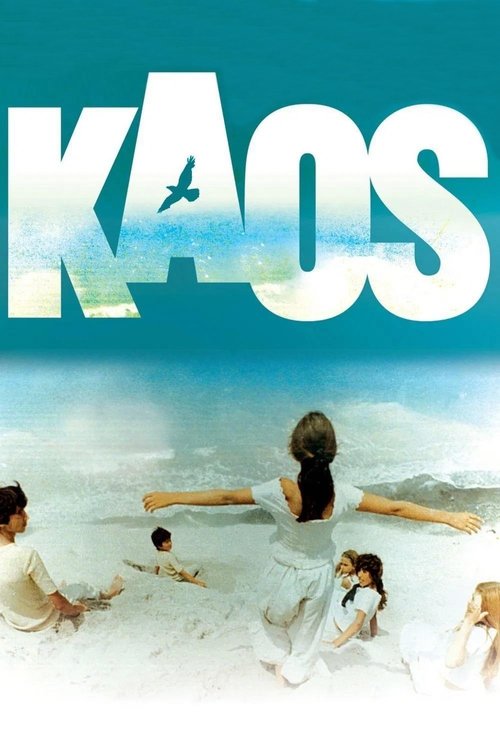 The poster features a serene beach scene with children playing in the sand, bathed in warm sunlight. The title "KAOS" dominates the top in bold white letters, with a bird silhouette perched on the letter 'A'. The overall mood is peaceful and nostalgic, evoking a sense of childhood innocence and t...