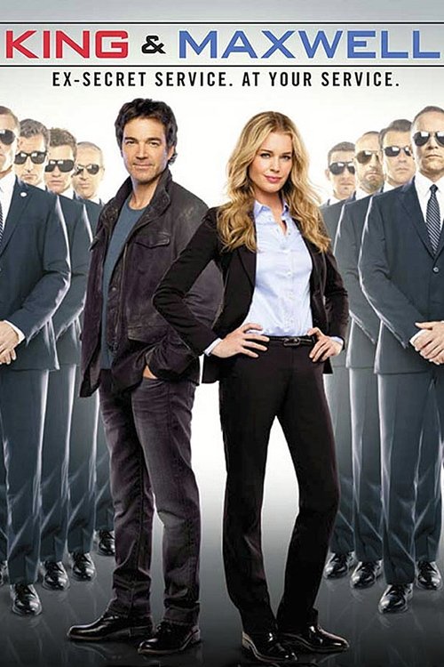 The poster features a man and woman standing confidently in the foreground, with a backdrop of a diverse group of men in suits. The colors are vibrant, with a mix of black, white, and red tones. The mood is professional yet dynamic, suggesting a high-stakes entertainment series.