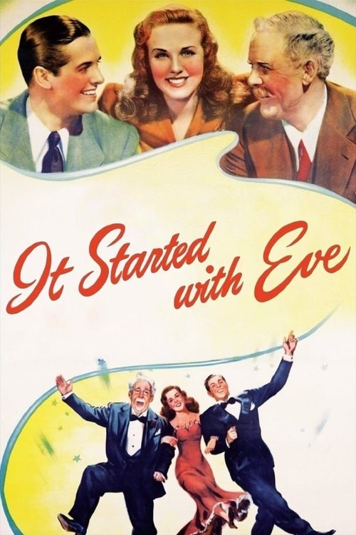 This vintage movie poster features three elegantly dressed characters against a soft yellow background. The title "It Started with Eve" is prominently displayed in red script, evoking a classic Hollywood charm. The overall mood is nostalgic and celebratory, capturing the essence of mid-century ci...