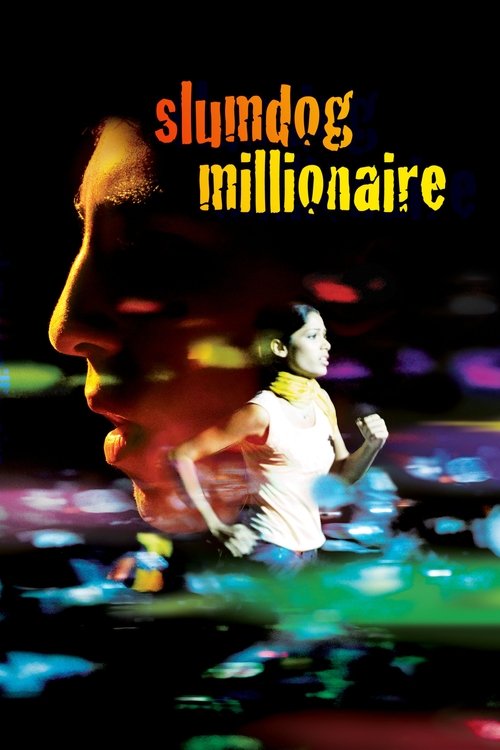 The poster features a man in profile against a dark background, with vibrant colors like red, yellow, and blue creating a dynamic atmosphere. A woman in a white dress is captured mid-motion, adding energy to the scene. The title "Slumdog Millionaire" is prominently displayed in bold, stylized tex...
