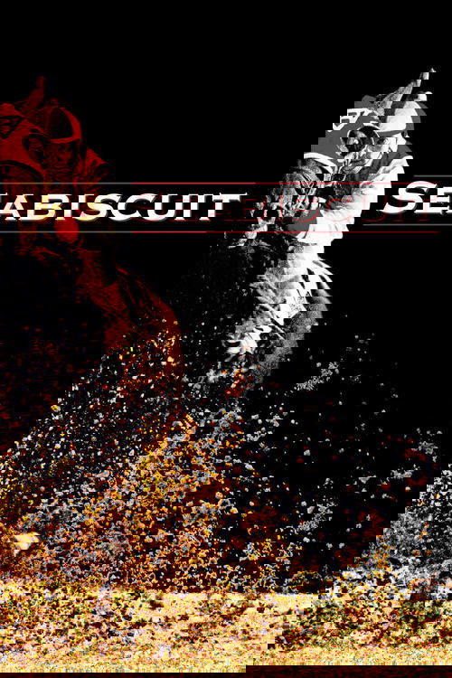The poster features a dynamic horse race scene with a jockey in a red and white uniform leaning forward, gripping the reins as the horse soars through dust. Bold typography spells out "SEABISCUIT" against a stark black background, evoking a sense of epic drama and historical significance.