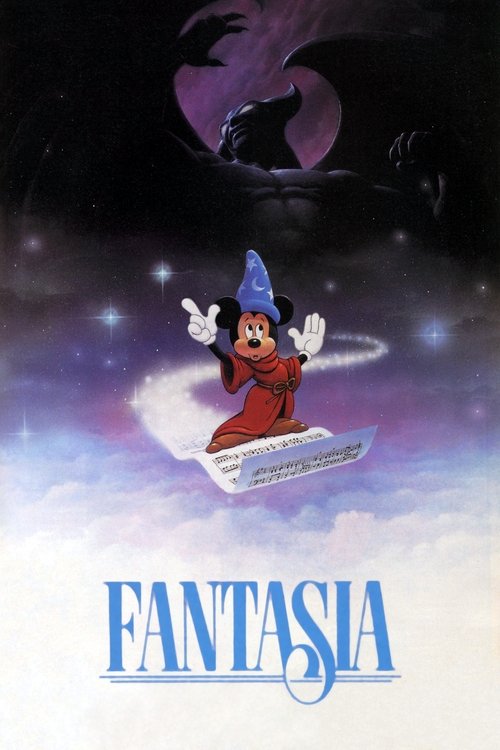 A young girl in a red dress and blue hat floats on a white cloud, surrounded by sparkling stars. Above her, a dark silhouette of a witch with a crescent moon and a bat-like creature looms in the night sky. The poster features the word "FANTASIA" in bold blue letters at the bottom, evoking a magic...