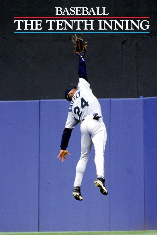 A baseball player in a white uniform leaps dramatically against a dark blue outfield wall, capturing the intensity of a tense game moment. The poster uses bold colors and dynamic action to evoke excitement and suspense.