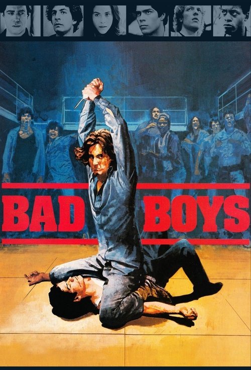The poster features a gritty, high-contrast scene with a man in a blue shirt and jeans dominating the foreground, while a group of men in matching blue outfits stands in the background. The bold red "BAD BOYS" text anchors the composition, evoking a noir atmosphere. The mood is intense and dramat...