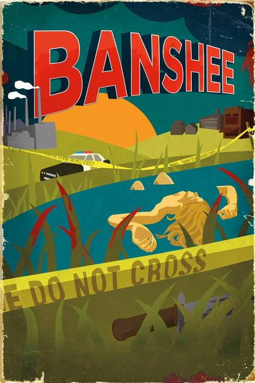 This vintage poster depicts a dramatic scene with a man in a yellow shirt and blue pants, surrounded by tall grass and a body of water. The background features a sunset over industrial buildings, with a police car and yellow caution tape suggesting a crime scene. The poster uses bold colors like ...