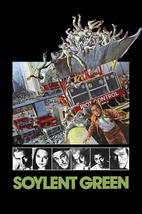 The poster features a chaotic scene with figures in mid-air against a backdrop of industrial machinery and red accents. The mood is intense and dystopian, emphasizing the film's themes of social control and surveillance. The title "SOYLENT GREEN" is prominently displayed at the bottom in bold, gr...