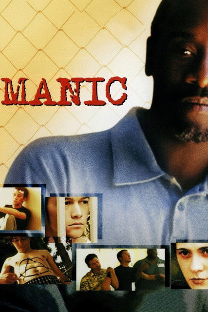 The poster features a close-up of a man with a serious expression, set against a textured, warm-toned background. Small inset images show other characters in various emotional states, hinting at the film's narrative. The bold red title "MANIC" stands out prominently, evoking a sense of drama and ...