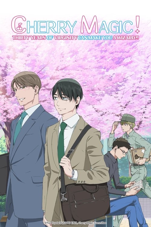 The poster features two young men in school uniforms against a backdrop of vibrant pink cherry blossoms, evoking a dreamy, magical atmosphere. The title "Cherry Magic!" is prominently displayed in bold, playful lettering, suggesting themes of magic and wonder. The overall composition conveys a se...