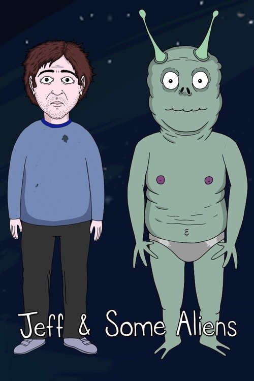 This cartoon poster features a human character in a blue sweater and brown pants standing next to a green alien with two antennae. The dark background with stars adds a mysterious atmosphere, while the playful title text at the bottom hints at an adventurous story.