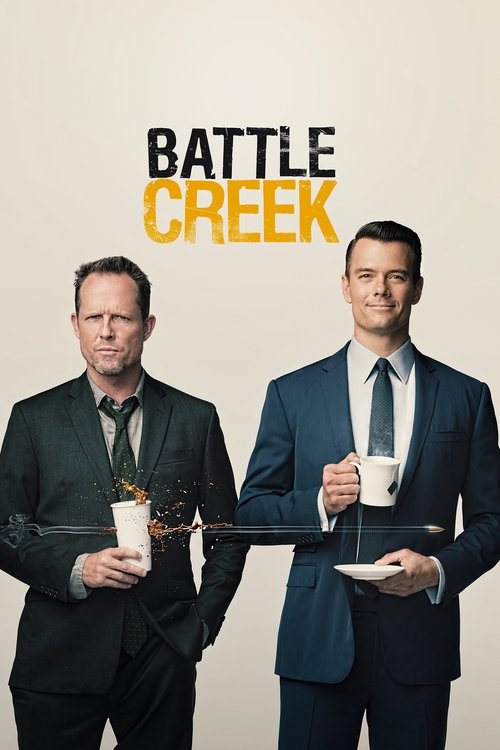 Two men in suits stand against a plain background, each holding a cup of coffee. The poster uses bold, contrasting colors—black and yellow text that pop against the neutral backdrop. The mood is professional yet relaxed, suggesting a comedy about business or office life.