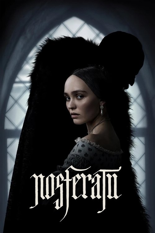 The poster features a mysterious woman in a dark, fur-lined coat standing before an arched window, evoking a gothic atmosphere. The title "Nosferatu" is prominently displayed in gothic lettering, enhancing the eerie and suspenseful mood.