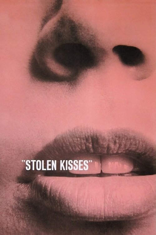 The poster features a close-up of lips, with the title "STOLEN KISSES" prominently displayed in white text. The image is dominated by a pinkish hue, creating a mysterious and intimate atmosphere. The dark eye sockets add depth, suggesting a hidden or forbidden connection.