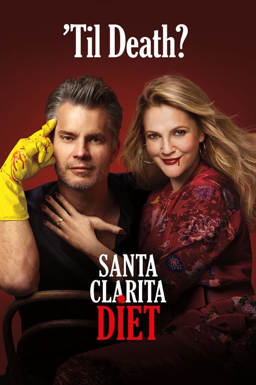 The poster features Santa Clarita Diet and her boyfriend, dressed in a red outfit against a dark background. The warm lighting and bold colors create a dramatic and intense atmosphere, emphasizing the show's themes of romance and conflict.