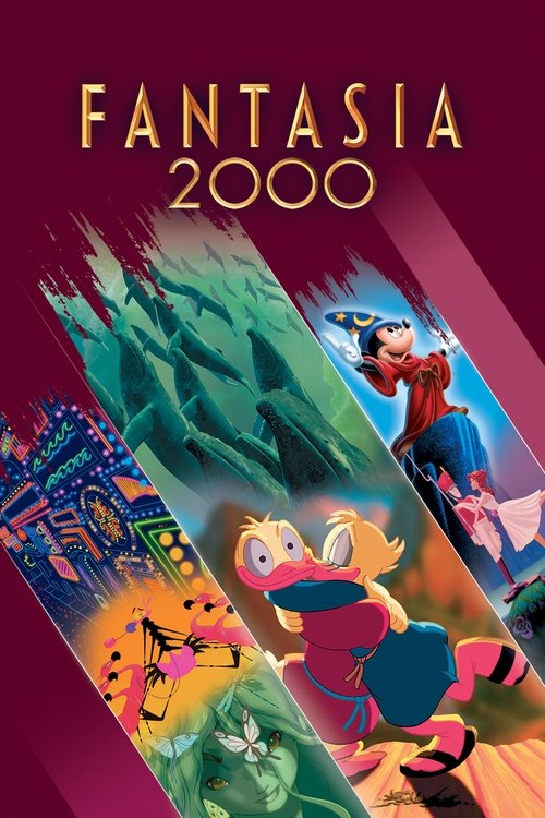 This vibrant poster showcases iconic characters from "Fantasia 2000" against a rich purple background. The scene features a whimsical, dreamlike atmosphere with bright colors like green, blue, and pink. The mood is playful and imaginative, capturing the essence of the film's magical world.