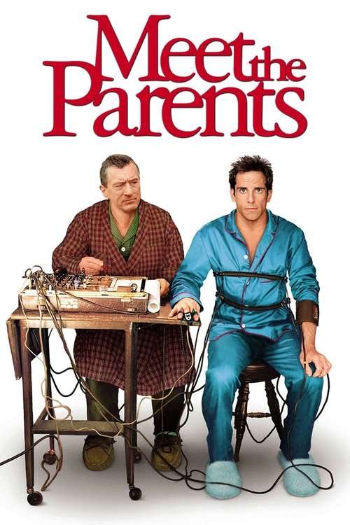 The poster features two men in comedic attire: one in a red plaid shirt and the other in a blue jumpsuit, both bound by wires. The title "Meet the Parents" is prominently displayed in bold red letters. The overall mood is humorous and lighthearted, capturing the essence of the film's slapstick co...