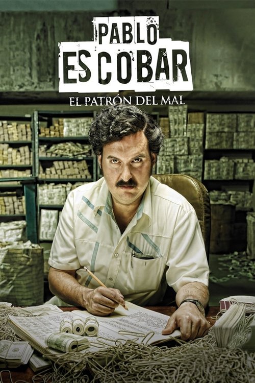 The poster features a gritty, sepia-toned image of Pablo Escobar sitting at a cluttered desk, surrounded by shelves of drugs and documents. The muted colors and somber mood evoke the dark, dangerous atmosphere of the drug lord's life.