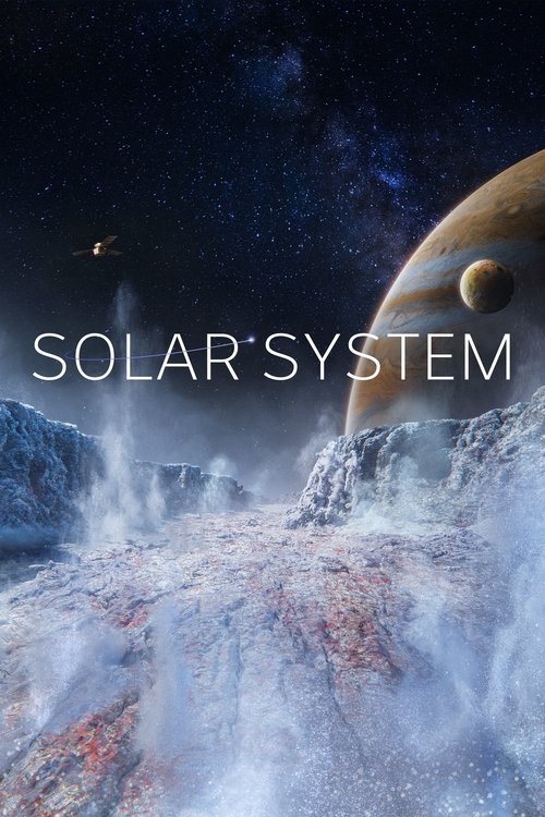 The poster features a cosmic landscape with a large planet in the background, glowing with warm hues against a starry sky. The title "SOLAR SYSTEM" is prominently displayed in bold white letters. The scene exudes a sense of wonder and exploration, inviting viewers to imagine the vastness of our s...
