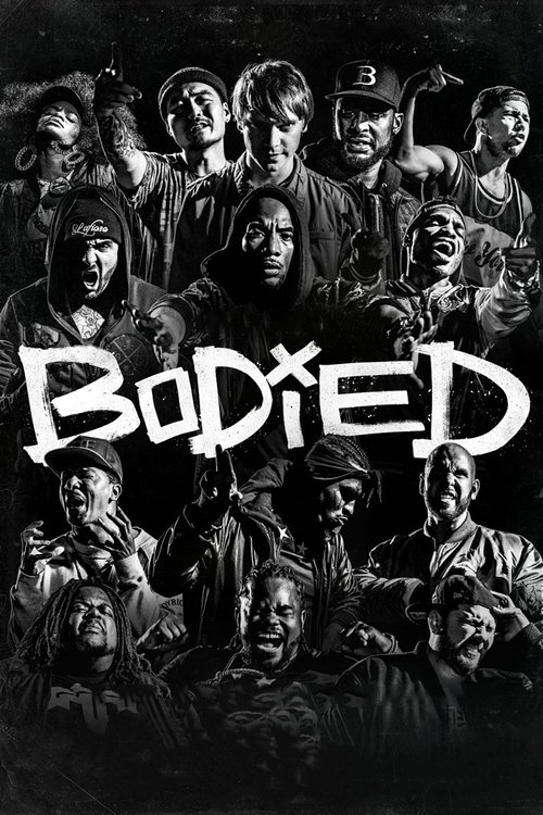 The poster features a dark, moody scene with a group of people in various poses, suggesting a gritty and intense atmosphere. The title "BODIED" is prominently displayed in bold, distressed lettering, emphasizing themes of transformation and survival. The monochromatic palette enhances the somber ...