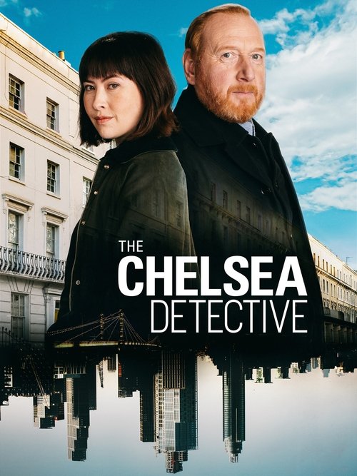 The Chelsea Detective poster features a striking urban scene with two detectives in formal attire against a backdrop of classic London architecture. The cool blue tones of the sky contrast with the warm tones of the city buildings, creating a dramatic and mysterious atmosphere. The reflective wat...