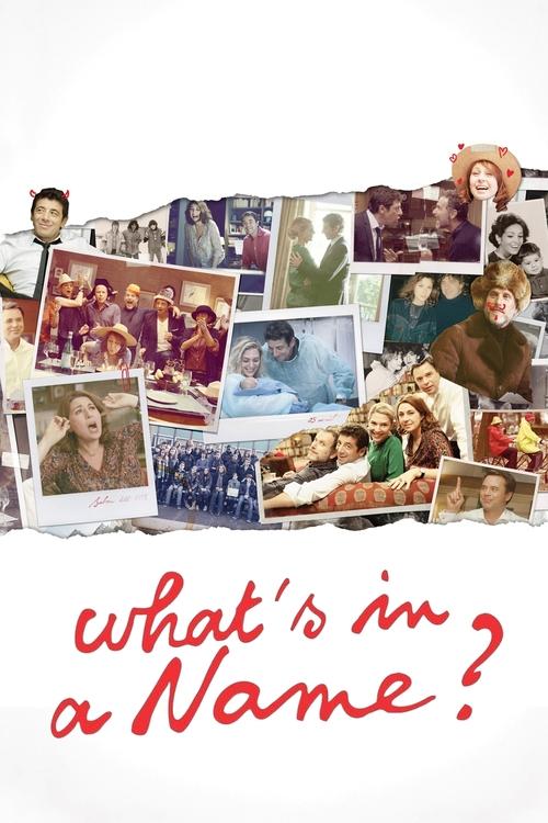 The poster features a collage of diverse family portraits in warm tones, suggesting a nostalgic and heartfelt theme. The red text "What's in a Name?" stands out against the white background, evoking a sense of curiosity and personal connection.