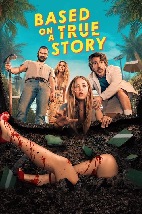 The poster features a group of four people in a tropical setting, with one person lying on the ground covered in blood. The vibrant colors of the tropical landscape contrast with the ominous scene of the bloodied figure. The mood is tense and mysterious, suggesting a horror or thriller genre.